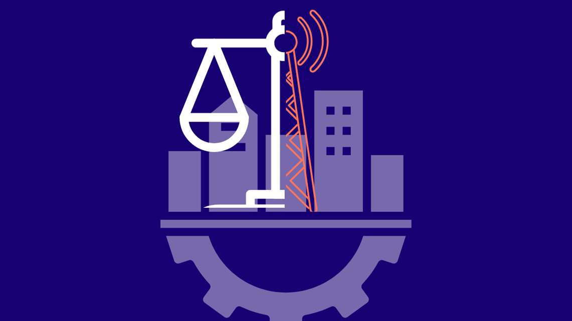 Grafik af tele-mast, møtrik, vægtskål og by; symboliserer lovgivningen og de tre ting det omhandler: infrastruktur fysisk og -digitalt, samt tele.