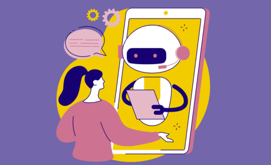 Grafik af kvinde der taler med en AI robot på mobil. 