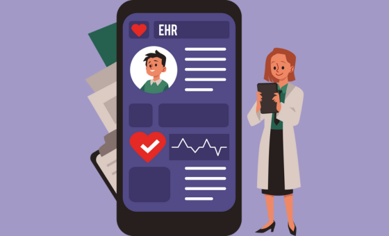 Grafik af en SOSU assistent, der kigger på en Ipad. man kan også se ipaden fra hendes perpsektiv hvor hun er inde på en Electronic health record.