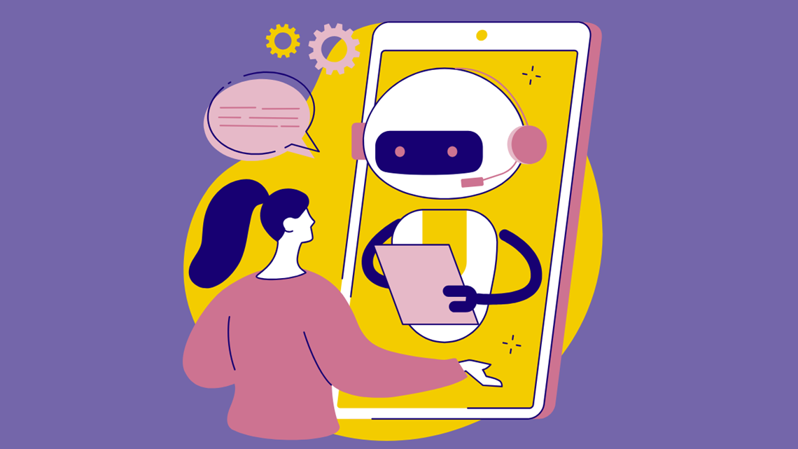 Grafik af kvinde der taler med robot på en mobil