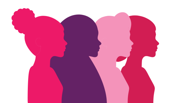 Grafisk design af 4 kvinder ved siden af hinanden i røde og lilla farver